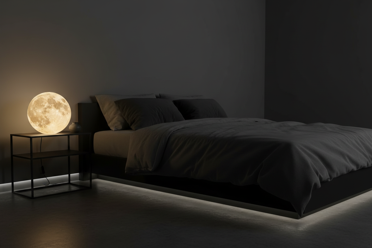 la lampara de luna que sea una lampara al lado de la cama en la mesa del dormitori